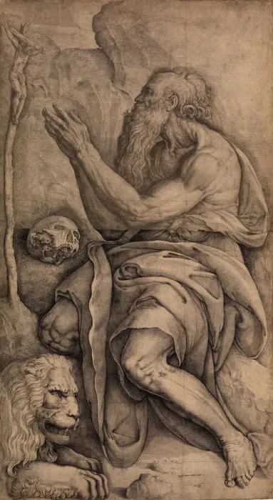 Framed Print : Saint Jerome kneeling before a crucifix, with a skull and lion, ca. 1550-60 Framed Print : Saint Jerome kneeling before a crucifix, with a skull and lion, ca. 1550-60