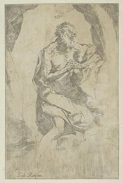 Saint Jerome kneeling on a rock in front of a cross and an open book facing right... ca. 1600-1640. Creator: Anon