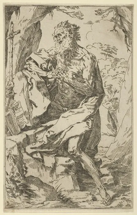 Framed Print : Saint Jerome kneeling on a rock in front of a cross and an open book facing left... ca. 1600-1640. Creator: Anon Framed Print : Saint Jerome kneeling on a rock in front of a cross and an open book facing left... ca. 1600-1640. Creator: Anon