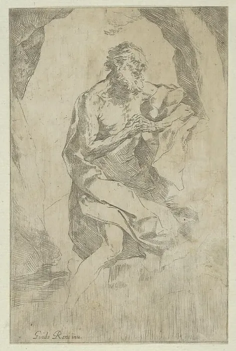 Framed Print : Saint Jerome kneeling on a rock in front of a cross and an open book facing right... ca. 1600-1640. Creator: Anon Framed Print : Saint Jerome kneeling on a rock in front of a cross and an open book facing right... ca. 1600-1640. Creator: Anon