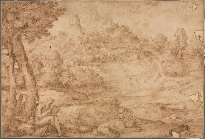 Framed Print : Saint Jerome in a Landscape, c. 1530. Creator: Domenico Campagnola (Italian, 1500-1564) Framed Print : Saint Jerome in a Landscape, c. 1530. Creator: Domenico Campagnola (Italian, 1500-1564)