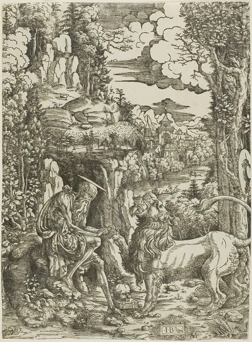 Framed Print : Saint Jerome and the Lion, c.1509. Creator: Giovanni Battista Palumba Framed Print : Saint Jerome and the Lion, c.1509. Creator: Giovanni Battista Palumba