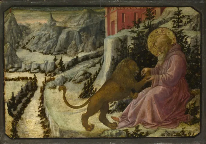 Framed Print : Saint Jerome and the Lion (Predella Panel of the Pistoia Santa Trinita Altarpiece), 1455-1460. Artist: Lippi, Fra Filippo (1406-1469) Framed Print : Saint Jerome and the Lion (Predella Panel of the Pistoia Santa Trinita Altarpiece), 1455-1460. Artist: Lippi, Fra Filippo (1406-1469)