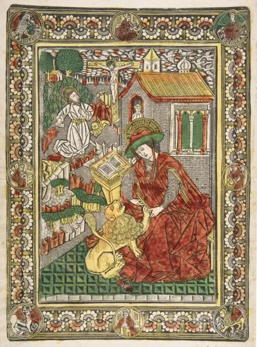 Framed Print : Saint Jerome in Penitence and as a Scholar Removing a Thorn from a Lions Paw (Sch Framed Print : Saint Jerome in Penitence and as a Scholar Removing a Thorn from a Lions Paw (Sch