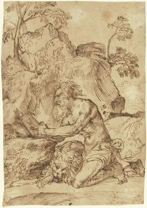 Framed Print : Saint Jerome Reading in the Wilderness, 1520 / 1525. Creator: Domenico Campagnola Framed Print : Saint Jerome Reading in the Wilderness, 1520 / 1525. Creator: Domenico Campagnola