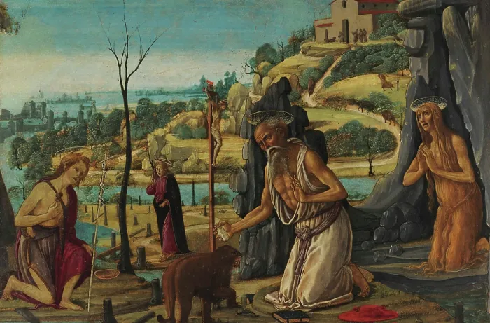 Framed Print : Saint Jerome, Saint Mary Magdalene and Saint John the Baptist in the desert, 1485-1490. Creator: Jacopo del Sellaio (1442-1493) Framed Print : Saint Jerome, Saint Mary Magdalene and Saint John the Baptist in the desert, 1485-1490. Creator: Jacopo del Sellaio (1442-1493)