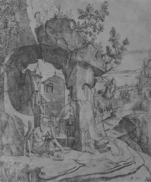 Framed Print : Saint Jerome seated beneath a rocky arch, ca. 1505-20. Creator: Benedetto Montagna Framed Print : Saint Jerome seated beneath a rocky arch, ca. 1505-20. Creator: Benedetto Montagna