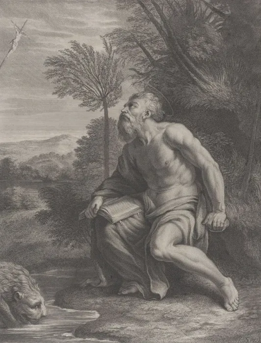 Framed Print : Saint Jerome seated by a tree looking up at a crucifix, a lion drinking water from a Framed Print : Saint Jerome seated by a tree looking up at a crucifix, a lion drinking water from a