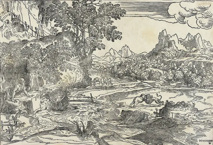 Framed Print : Saint Jerome in the Wilderness with Fighting Lion and Bear, between 1530 and 1535. Creator: Domenico Campagnola Framed Print : Saint Jerome in the Wilderness with Fighting Lion and Bear, between 1530 and 1535. Creator: Domenico Campagnola