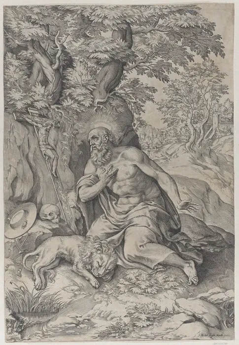 Framed Print : Saint Jerome in the wilderness, with a lion at left, 1578-80. 1578-80. Creator: Michelangelo Marelli Framed Print : Saint Jerome in the wilderness, with a lion at left, 1578-80. 1578-80. Creator: Michelangelo Marelli