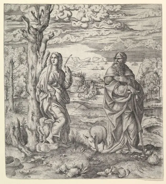 Framed Print : Saint John and Anthony in a Landscape, ca. 1544-45. Creator: Master IQV Framed Print : Saint John and Anthony in a Landscape, ca. 1544-45. Creator: Master IQV
