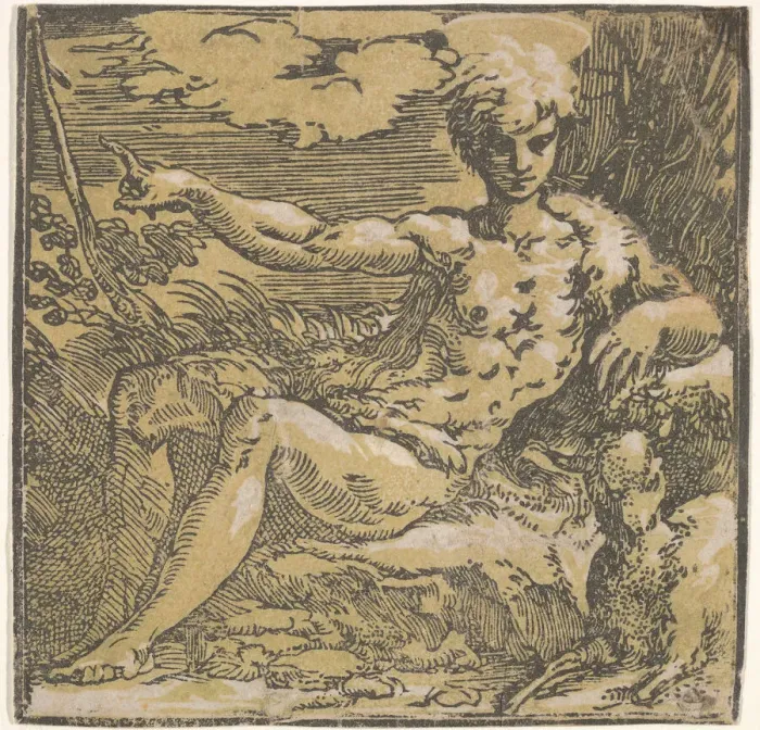 Framed Print : Saint John the Baptist in the desert, a lamb by his side, ca. 1527-30 Framed Print : Saint John the Baptist in the desert, a lamb by his side, ca. 1527-30