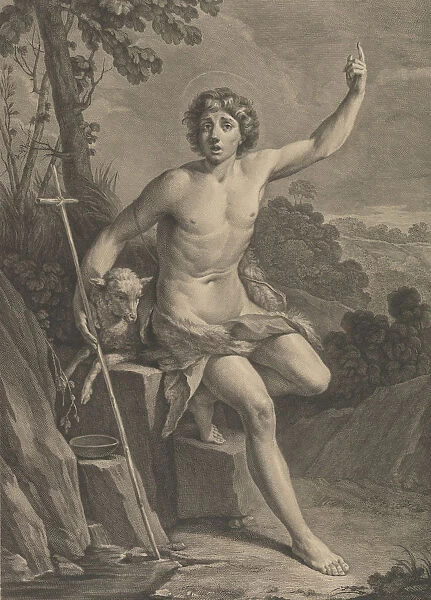 Saint John the Baptist in the desert, seated on a rock and pointing upward with his left