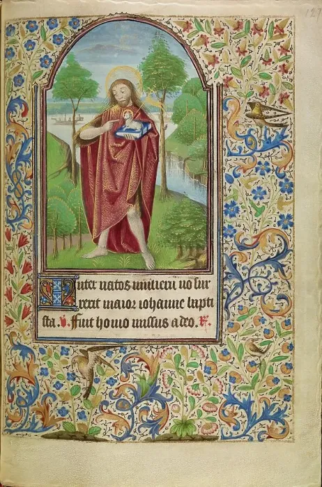 Framed Print : Saint John the Baptist Pointing to the Lamb of God; Book of Hours, about 1466-1470. Creator: Master of Jacques of Luxembourg Framed Print : Saint John the Baptist Pointing to the Lamb of God; Book of Hours, about 1466-1470. Creator: Master of Jacques of Luxembourg