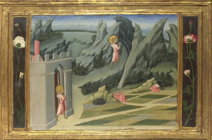 Framed Print : Saint John the Baptist retiring to the Desert (Predella Panel), 1454. Artist: Giovanni di Paolo (ca 1403-1482) Framed Print : Saint John the Baptist retiring to the Desert (Predella Panel), 1454. Artist: Giovanni di Paolo (ca 1403-1482)