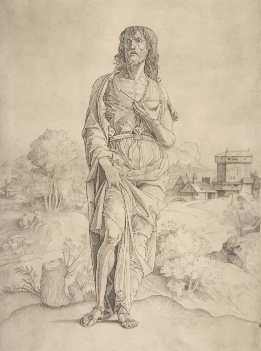 Framed Print : Saint John the Baptist standing in landscape, figures and buildings in the backgrou... ca. 1505-10. Creator: Giulio Campagnola Framed Print : Saint John the Baptist standing in landscape, figures and buildings in the backgrou... ca. 1505-10. Creator: Giulio Campagnola