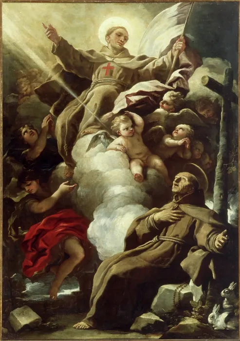 Framed Print : Saint John of Capistrano in glory appears to Saint Peter of Alcantara, 1690s. Creator: Giordano, Luca (1632-1705) Framed Print : Saint John of Capistrano in glory appears to Saint Peter of Alcantara, 1690s. Creator: Giordano, Luca (1632-1705)