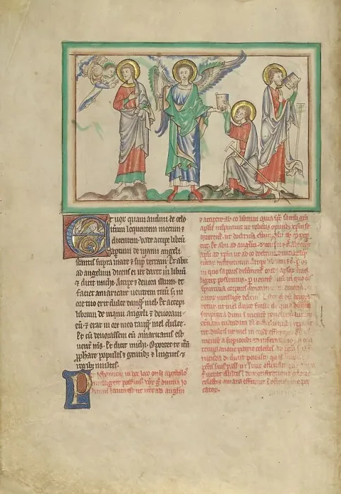 Framed Print : Saint John Eats the Book Received from the Angel; Dyson Perrins Apocalypse, about 1255-1260. Creator: Unknown