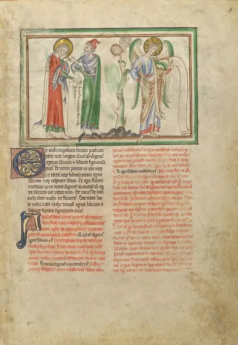 Framed Print : Saint John the Evangelist Consoled by an Elder and by an Angel Holding a Scroll, about 1255-1260. Creator: Unknown Framed Print : Saint John the Evangelist Consoled by an Elder and by an Angel Holding a Scroll, about 1255-1260. Creator: Unknown