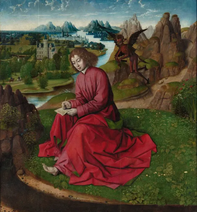 Framed Print : Saint John the Evangelist on Patmos, ca 1465. Artist: Bouts, Dirk, (Workshop) Framed Print : Saint John the Evangelist on Patmos, ca 1465. Artist: Bouts, Dirk, (Workshop)