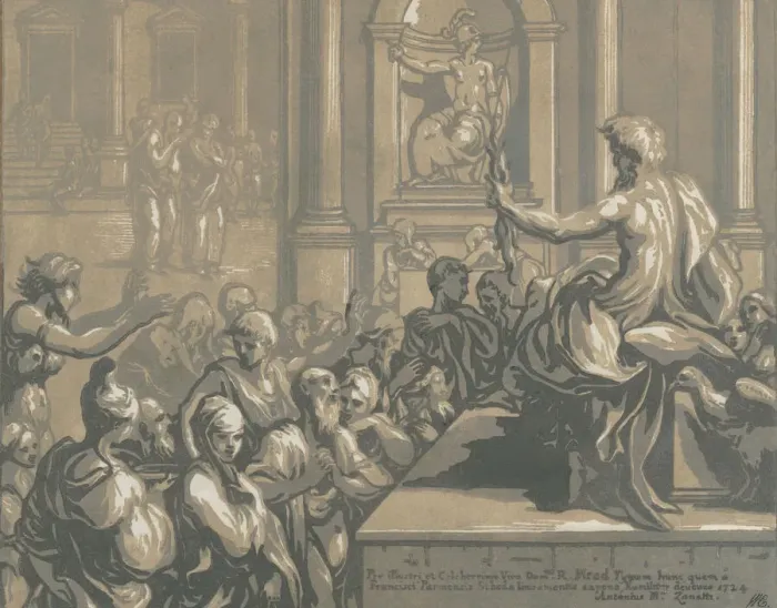 Framed Print : Saint John the Evangelist preaching in a temple, 1724. Creator: Anton Maria Zanetti
