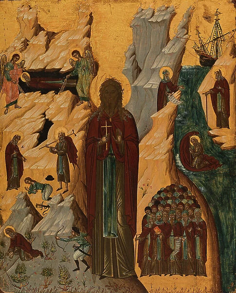 Saint John the Hermit and scenes from his life, between 1600 and 1700. Creator: Cretan School