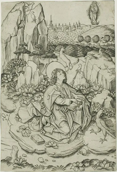 Framed Print : Saint John on the Island of Patmos, c. 1460. Creator: Master ES Framed Print : Saint John on the Island of Patmos, c. 1460. Creator: Master ES