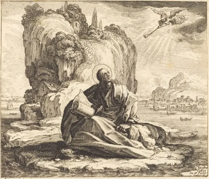 Framed Print : Saint John on the Isle of Patmos, 1625. Creator: Jacques Callot Framed Print : Saint John on the Isle of Patmos, 1625. Creator: Jacques Callot