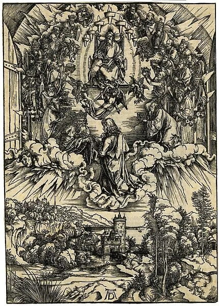 Saint John kneeling before Christ and the twenty-four elders. From Apocalypsis cum Figuris, 1498