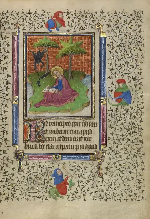 Framed Print : Saint John on Patmos; Book of Hours, about 1410. Creator: Unknown Framed Print : Saint John on Patmos; Book of Hours, about 1410. Creator: Unknown