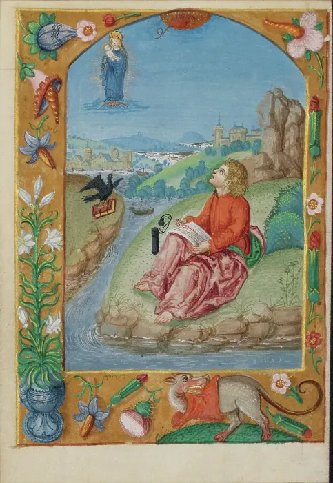 Framed Print : Saint John on Patmos; Book of Hours, early 16th century. Creator: Unknown Framed Print : Saint John on Patmos; Book of Hours, early 16th century. Creator: Unknown