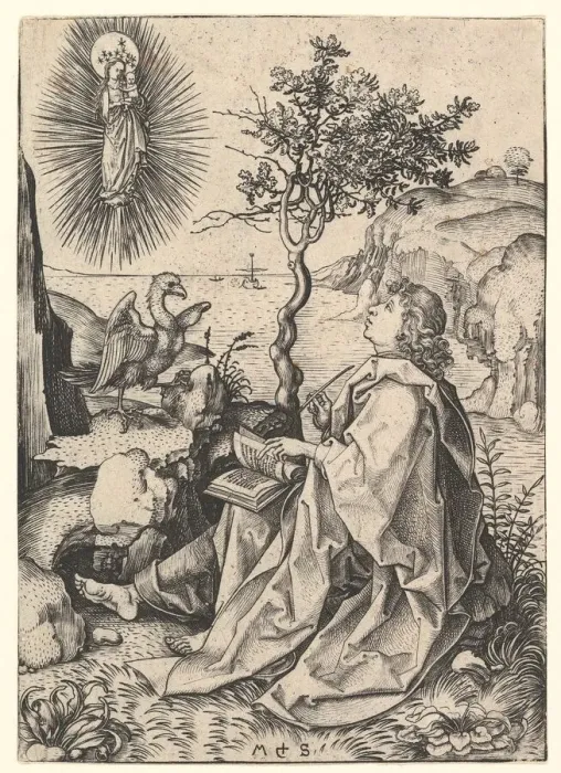 Framed Print : Saint John on Patmos, ca. 1435-1491. Creator: Martin Schongauer Framed Print : Saint John on Patmos, ca. 1435-1491. Creator: Martin Schongauer
