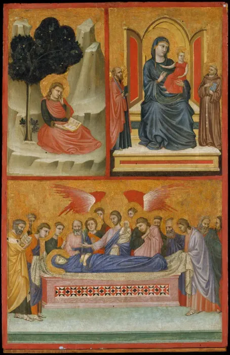 Framed Print : Saint John on Patmos, Madonna and Child Enthroned, and Death of the Virgin; The Crucifixion