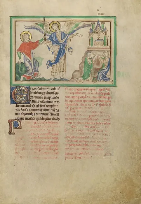 Framed Print : Saint John Takes the Rod to Measure the Temple; Dyson Perrins Apocalypse, about 1255-1260. Creator: Unknown Framed Print : Saint John Takes the Rod to Measure the Temple; Dyson Perrins Apocalypse, about 1255-1260. Creator: Unknown