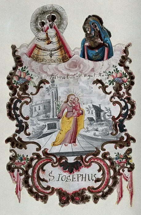 Framed Print : Saint Joseph holding the Christ Child beneath two images of the Virgin and Child. Creator: Unknown Framed Print : Saint Joseph holding the Christ Child beneath two images of the Virgin and Child. Creator: Unknown
