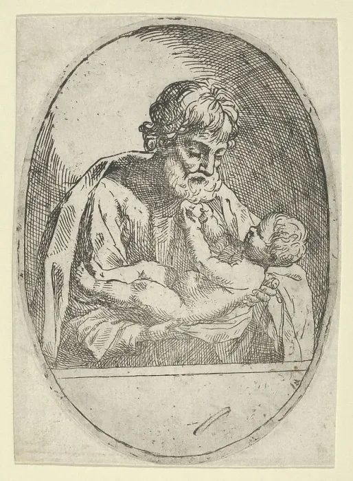 Framed Print : Saint Joseph holding the infant Christ, who raises up his hands, an oval composit... ca. 1600-1660. Creator: Anon Framed Print : Saint Joseph holding the infant Christ, who raises up his hands, an oval composit... ca. 1600-1660. Creator: Anon