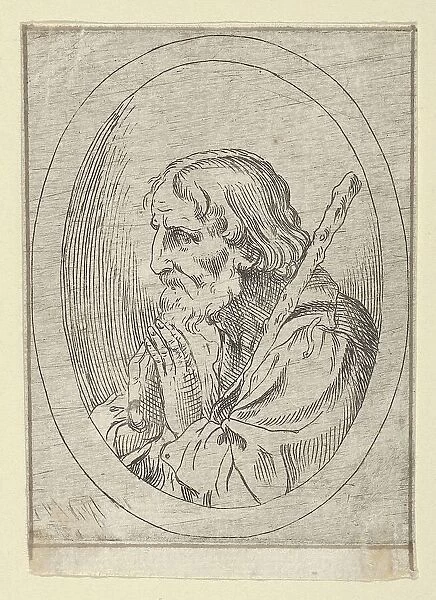 Saint Jude in prayer, seen in profile facing left with a staff resting on his shoulder, 1600-1640. Creator: Anon