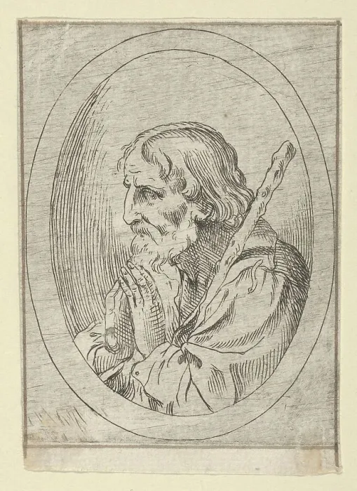 Framed Print : Saint Jude in prayer, seen in profile facing left with a staff resting on his shoulder, 1600-1640. Creator: Anon Framed Print : Saint Jude in prayer, seen in profile facing left with a staff resting on his shoulder, 1600-1640. Creator: Anon