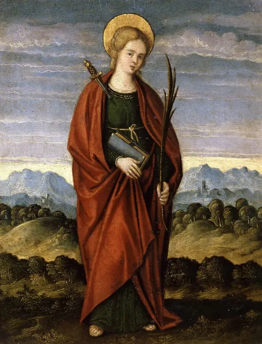 Framed Print : Saint Justina of Padua, c. 1520. Creator: Santacroce, Gerolamo Galizzi da (c. 1480 / 85-c. 1556) Framed Print : Saint Justina of Padua, c. 1520. Creator: Santacroce, Gerolamo Galizzi da (c. 1480 / 85-c. 1556)