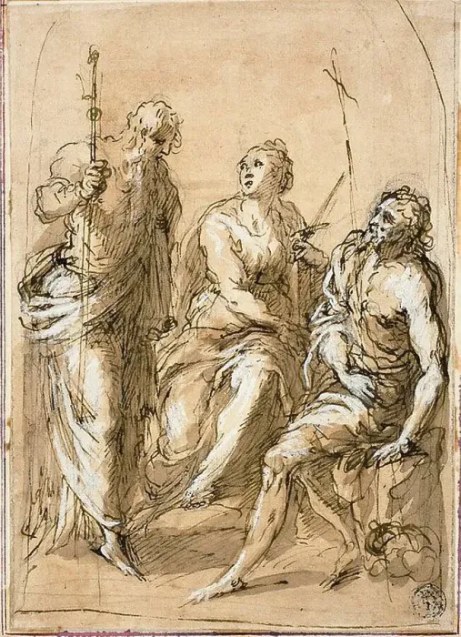 Framed Print : Saint Justina of Padua Enthroned, with Saints James the Less and John the Baptist, 1600 / 05. Creator: Jacopo Palma Framed Print : Saint Justina of Padua Enthroned, with Saints James the Less and John the Baptist, 1600 / 05. Creator: Jacopo Palma