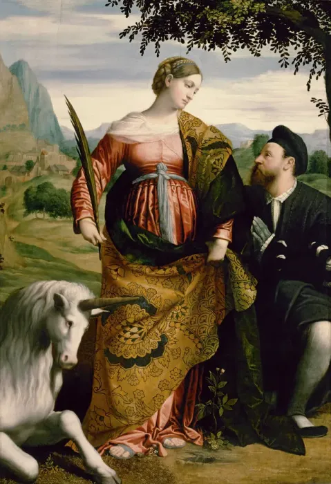 Framed Print : Saint Justina, Venerated by a Patron, ca 1530. Artist: Moretto da Brescia (ca 1498 - 1554) Framed Print : Saint Justina, Venerated by a Patron, ca 1530. Artist: Moretto da Brescia (ca 1498 - 1554)