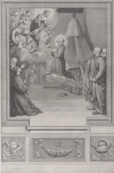 Framed Print : Saint kneeling before a vision of the Virgin Mary. Creator: Unknown Framed Print : Saint kneeling before a vision of the Virgin Mary. Creator: Unknown