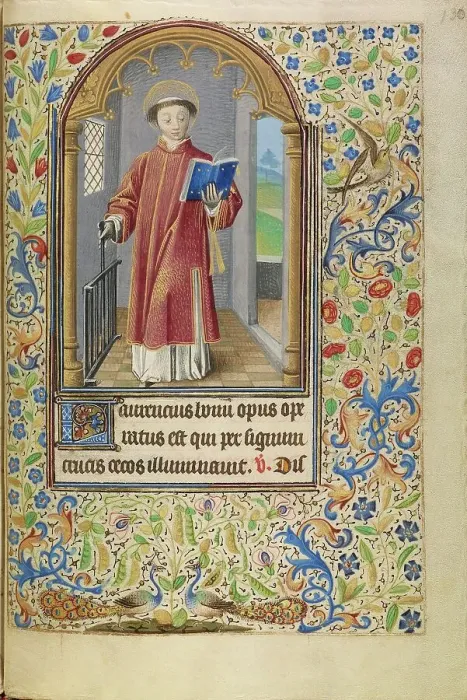 Framed Print : Saint Lawrence with a Book and a Gridiron; Book of Hours, about 1466-1470. Creator: Master of Jacques of Luxembourg Framed Print : Saint Lawrence with a Book and a Gridiron; Book of Hours, about 1466-1470. Creator: Master of Jacques of Luxembourg
