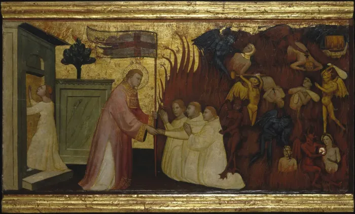 Framed Print : Saint Lawrence Liberates Souls from Purgatory. Scenes from the Life of Saint Lawrence, predella, ca 1412. Artist: Lorenzo di Niccolo (active 1391-1414) Framed Print : Saint Lawrence Liberates Souls from Purgatory. Scenes from the Life of Saint Lawrence, predella, ca 1412. Artist: Lorenzo di Niccolo (active 1391-1414)