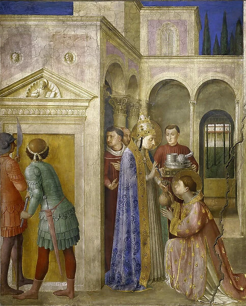 Saint Lawrence Receiving the Treasures of the Church from Pope Sixtus II, c. 1448. Creator: Angelico, Fra Giovanni, da Fiesole (ca. 1400-1455)