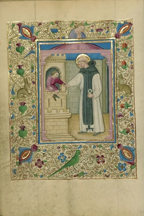Framed Print : Saint Leonard Liberating a Child from Prison; Book of Hours, about 1460. Creator: Unknown Framed Print : Saint Leonard Liberating a Child from Prison; Book of Hours, about 1460. Creator: Unknown