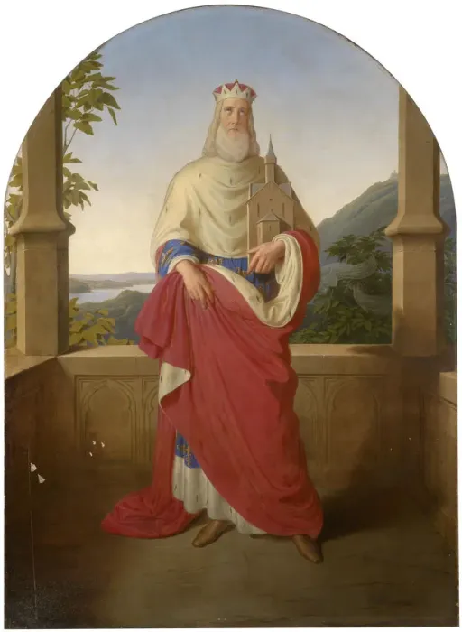 Framed Print : Saint Leopold in front of a Danube view and the Leopoldsberg in the background, 1849 Framed Print : Saint Leopold in front of a Danube view and the Leopoldsberg in the background, 1849