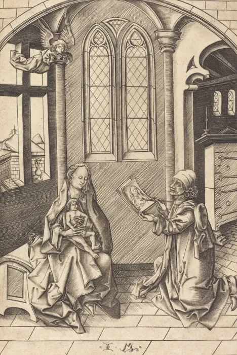 Framed Print : Saint Luke Drawing a Portrait of the Virgin, c. 1475. Creator: Israhel van Meckenem Framed Print : Saint Luke Drawing a Portrait of the Virgin, c. 1475. Creator: Israhel van Meckenem