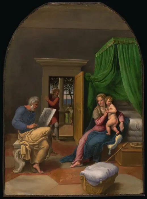 Framed Print : Saint Luke Drawing the Virgin and Christ Child, c. 1535. Creator: Girolamo da Carpi Framed Print : Saint Luke Drawing the Virgin and Christ Child, c. 1535. Creator: Girolamo da Carpi