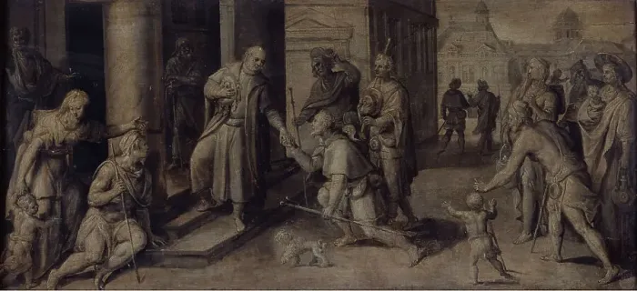 Framed Print : Saint Luke Giving three Pilgrims Alms, c1560-1600. Creator: Martin de Vos Framed Print : Saint Luke Giving three Pilgrims Alms, c1560-1600. Creator: Martin de Vos